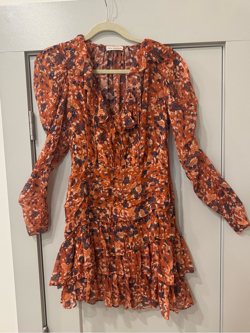 Ulla Johnson Rust Floral Long-Sleeve Ruffle Dress
